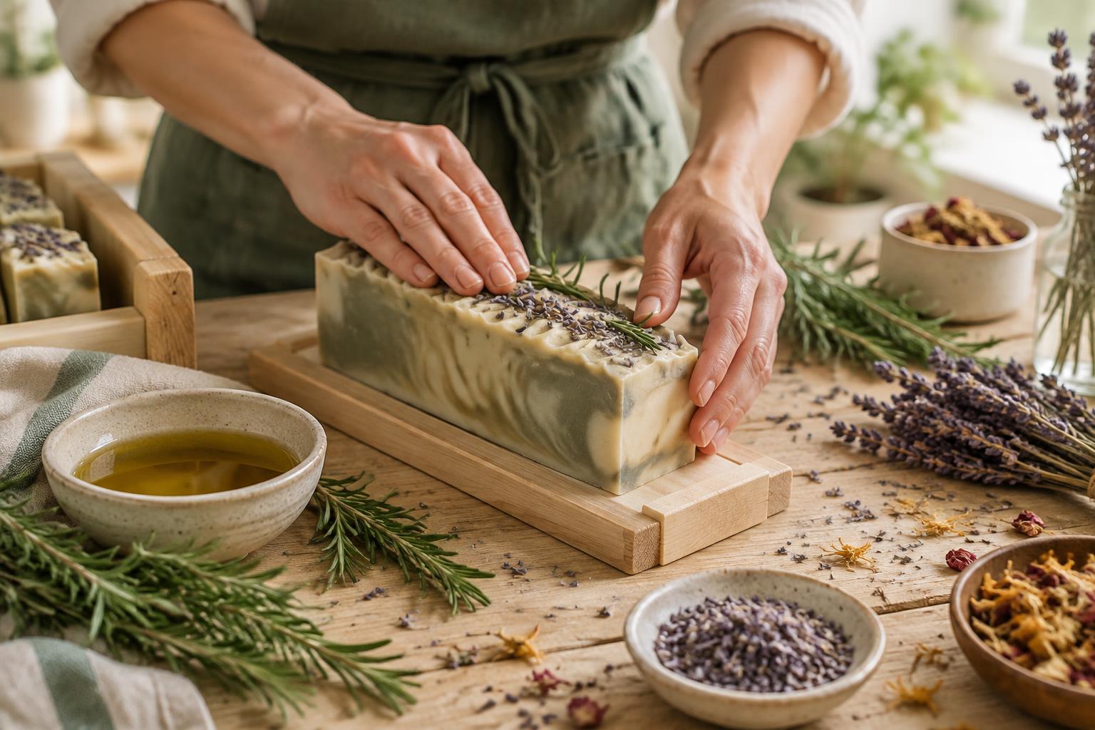 A maker's hands shaping a bar of natural soap beside fresh herbs
